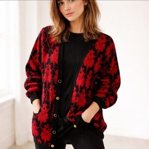 Vtg 90s Knit Cardigan red black patterned long Wool Blend By Casual Corner Sz M
